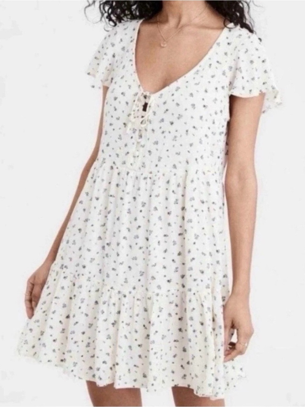 American Eagle Outfitters Cottagecore Feminine Cream Floral Tie-Front Mini Dress